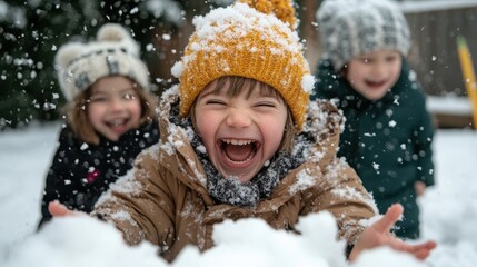 A captivating image of three children playing exuberantly in the snow, their faces lit with joy, represents the essence of playful winter moments lived fully.
