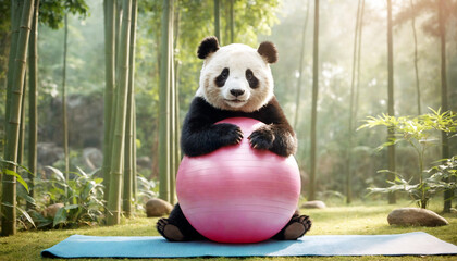 Panda doing pilates in a bamboo forest