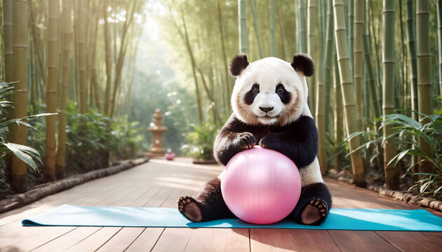 Panda doing pilates in a bamboo forest