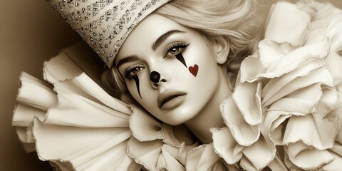 Elegant Pierrot Clown Portrait with Vintage Hat and Dramatic Makeup Featuring Heart Motif on Cheek with Ruffled Costume in Sepia Tone for Artistic Photography