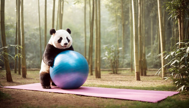 Panda doing pilates in a bamboo forest