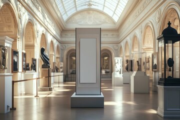  Pull-up banner mockup in elegant museum gallery setting with natural lighting and classical architecture