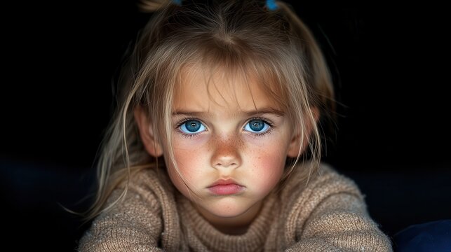 A young girl with large blue eyes and a serious look, wearing a cozy sweater, gazes directly into the camera with a dark background enhancing her features. - Powered by Adobe