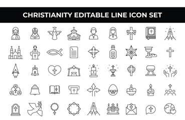 Christianity Icon Set featuring editable line icons of crosses, churches, Bibles, and religious symbols. Perfect for church branding, religious materials, event posters, and spiritual projects.