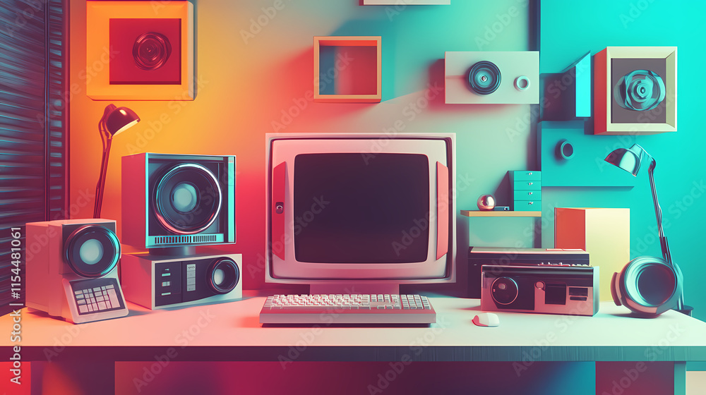 Wall mural high-tech gadget flat design front view innovation theme 3d render split-complementary color scheme.