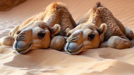 Obraz premium Two camels resting together in the sand.