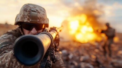 A soldier is seen in close-up, aiming his weapon with precision against a backdrop of dramatic explosions, representing focus and determination under pressure.