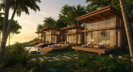 Fototapeta premium Luxury Tropical Villas Sunset Oceanfront Resort
