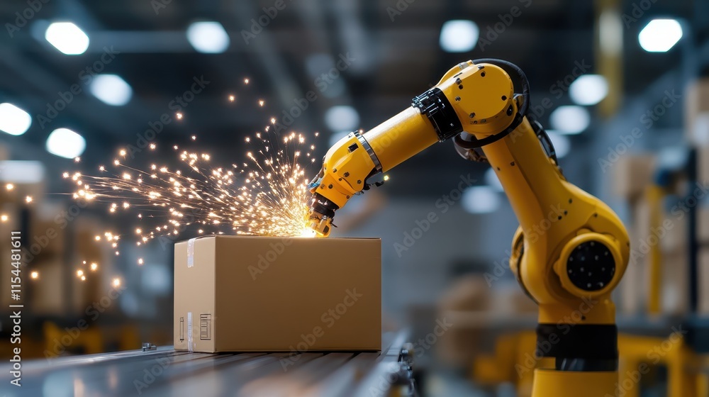 Aufkleber a dynamic industrial scene where a bright yellow robotic arm processes a cardboard box emitting show