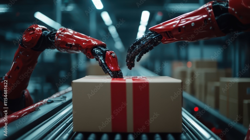 Poster two red robotic arms meticulously work on a cardboard box on an assembly line, showcasing the harmon