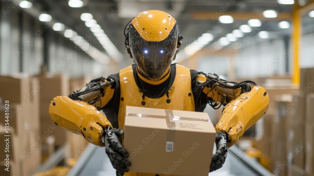 Poster an advanced yellow robot with a humanoid appearance securely holds a cardboard box in a futuristic w