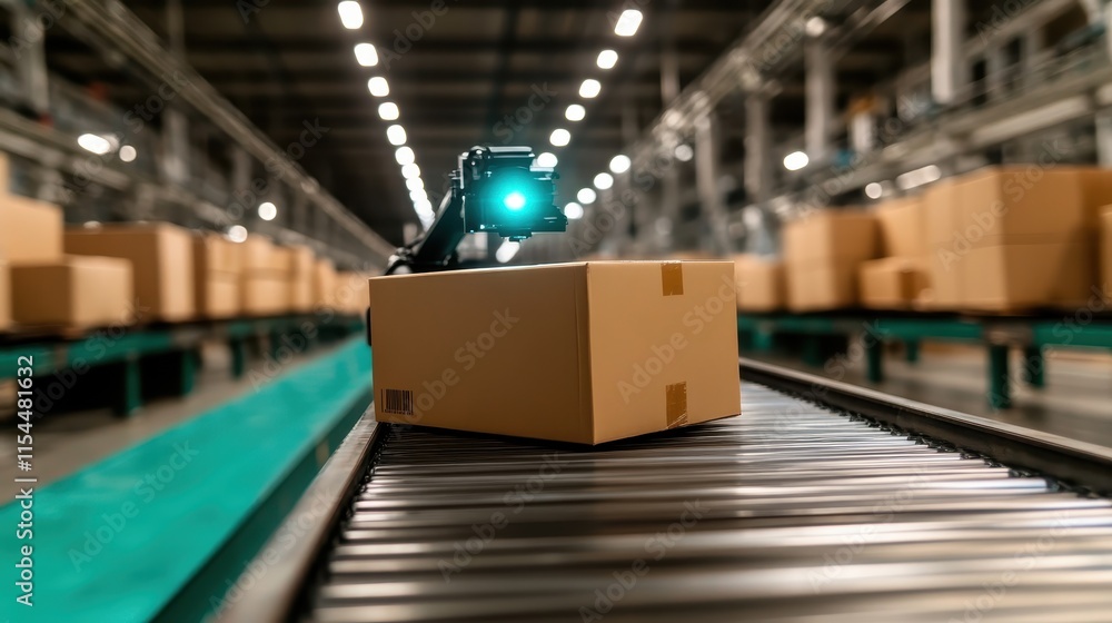 Poster A robotic system efficiently handles cardboard boxes on a conveyor belt in a dimly lit warehouse, symbolizing the automation and speed of modern logistics.