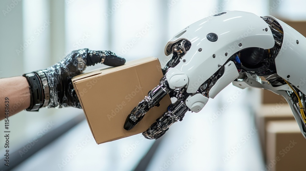 Poster a human and robotic hand interact as they exchange a cardboard package, demonstrating the seamless i