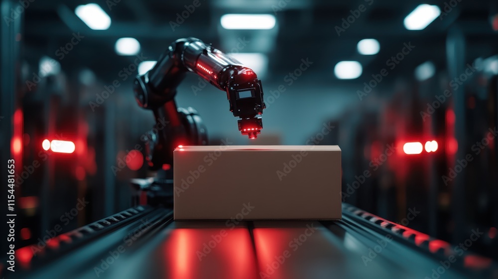 Poster a metallic robotic arm efficiently sorts a box on a conveyor belt, illuminated by red lights, showca