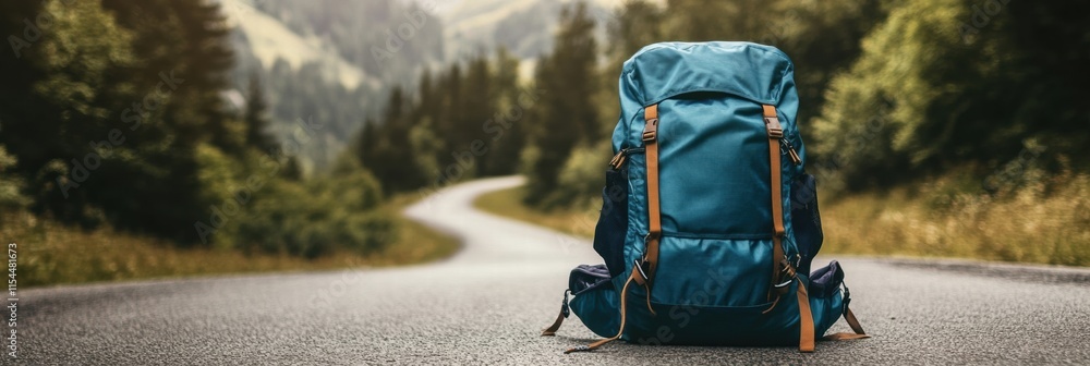 Aufkleber travelers backpack resting on a winding road surrounded by mountains and trees on a bright day. gene