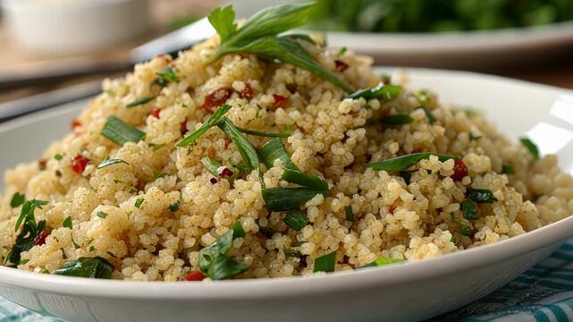 Grains Section Closeup of a portion of the plate displaying brown rice and quinoa with flecks of green herbs sprinkled on top emphasizing a nutritious carbohydrate choice.