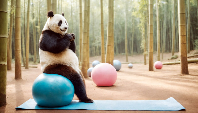 Panda doing pilates in a bamboo forest