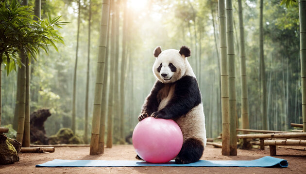 Panda doing pilates in a bamboo forest