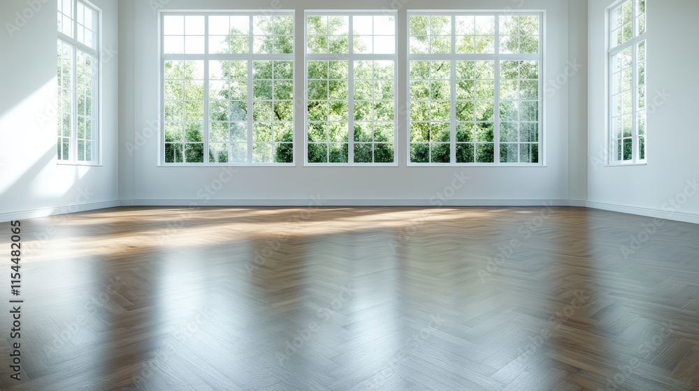 Poster an empty room featuring sunlight flooding through large windows, casting soft shadows on the polishe