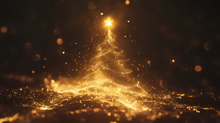 Naklejka premium Abstract christmas tree formed by golden light particles and ribbons, star shining at the top, minimalist dark scene, modern holiday elegance, festive glow. Brilliance. Illustration
