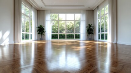 Obraz premium The image depicts a large, sunlit room with a beautifully polished herringbone hardwood floor, large windows, and elegant draped curtains, creating an inviting ambiance.