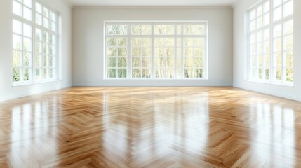 An image showing a bright and airy empty room with herringbone parquet flooring, flooded with natural light, and framed by a panoramic window view of lush greenery.