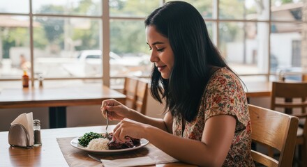 woman in restaurant eating feijoada