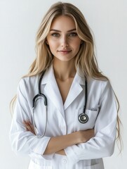 female doctor with stethoscope, arms crossed, white background.
