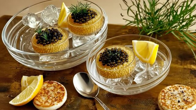 Gourmet Caviar Appetizer Luxury Food Dish with Elegant Bowls, Lemon, and Herbs Generative Ai