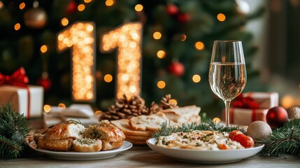 Fototapeta premium A holiday feast set against twinkling lights with plates of delicious appetizers and a glass of wine. Captures festive spirit and culinary delight for celebrations.