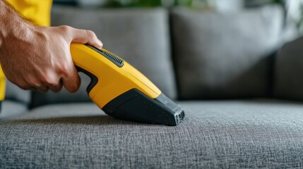 A yellow modern handheld vacuum cleaner in use on a grey fabric sofa. Showcasing its efficiency and sleek design, this image emphasizes ergonomic home cleaning.