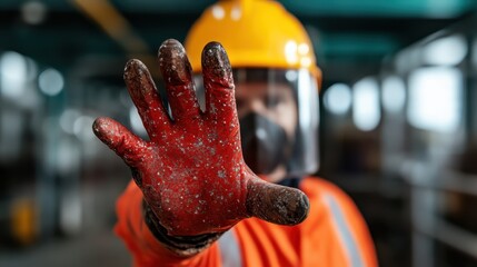 Naklejka premium A construction worker in vibrant safety gear, extending a glove-covered hand in a gesture of warning or stop, highlighting safety and caution on site.