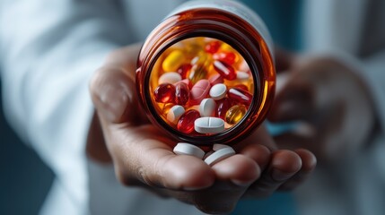 A hand holds an open bottle of various colorful pills, representing pharmaceutical diversity and healthcare, with focus on medicine and wellness options.
