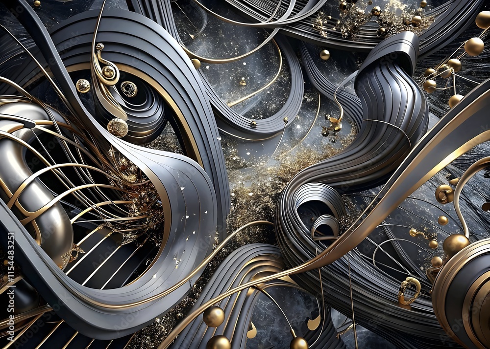 Poster abstract flowing metallic design with golden elements and intricate patterns