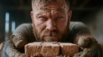 A determined bricklayer with a gritty face and muddy hands holds bricks, symbolizing resilience and strength on a construction site amid the dirt and effort.