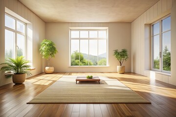 Panoramic serenity: minimalist meditation room, peaceful Zen ambiance, calm interior design.