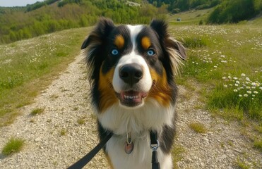 A smiling dog in a field of flowers. The pet has a radiant smile. Landscape consisting of field camomiles. An Australian Shepherd Tricolor breed