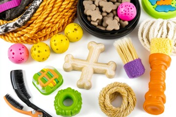 Pet care is highlighted in a flat lay composition of dog and cat accessories placed against a light background