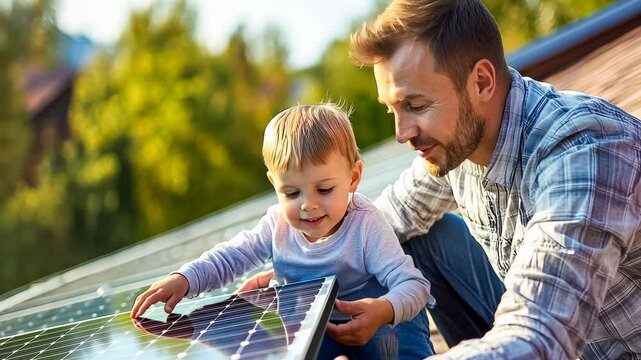 A young Caucasian father and his toddler son enjoy a sunny day while examining solar panels on their rooftop, fostering knowledge and connection in a warm, playful atmosphere.