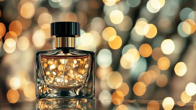 Elegant perfume bottle with warm bokeh lights and sparkling fragrance in glass. Generative Ai