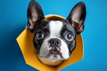 Fototapeta premium A yellow paper hole is probed by a Boston Terrier