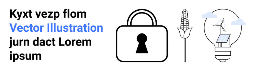 Padlock symbolizing security, corn representing agriculture, and lightbulb with solar panel and wind turbine for renewable energy. Ideal for technology, sustainability, farming, innovation, safety