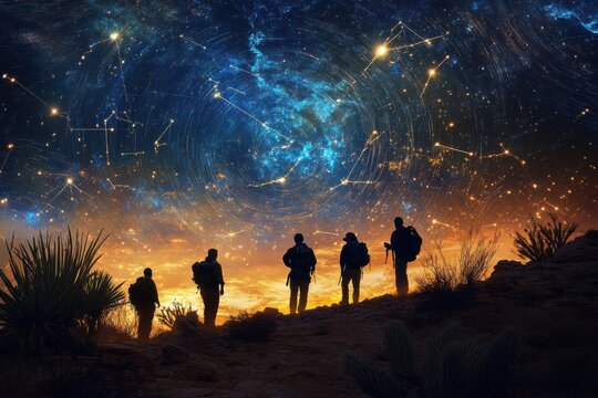 A blockbuster movie poster of desert astronomers discovering new constellations, star trail photography, cosmic mystery
