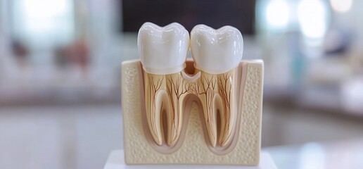 A dental model showing two teeth with roots and nerves for educational purposes.