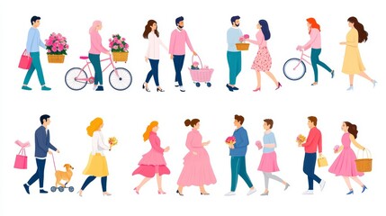 Fototapeta premium Various people, like isometric figures, kids, men, and women, are illustrated in 3D modern active postures. Businessmen and athletes are isolated on a white background. The scene includes women and