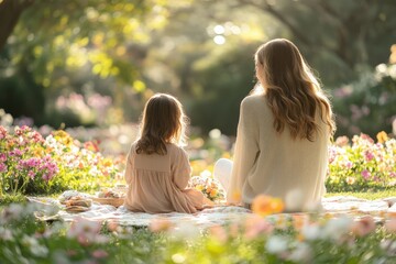Happy Mother's Day: Mother and daughter enjoying a picnic amidst blooming flowers in a sunlit garden.