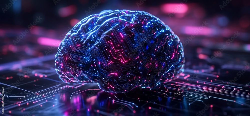 Poster a digital brain with circuitry, symbolizing technology and intelligence.