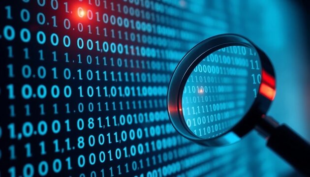 Data Security Magnifying Glass on Binary Code Digital Forensics Cybersecurity