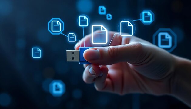 Data Storage Hand Holding USB Drive Digital Files Transfer Cloud Computing Online Backup Secure