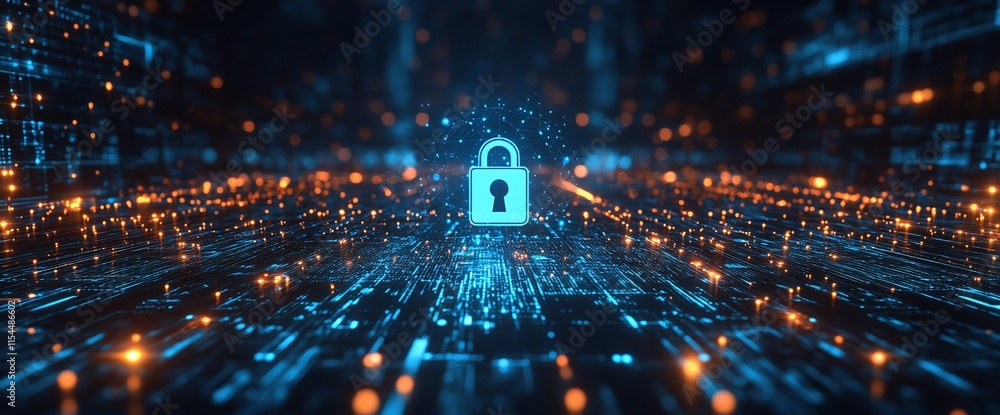 Poster a digital lock symbol amidst glowing data streams representing cybersecurity.